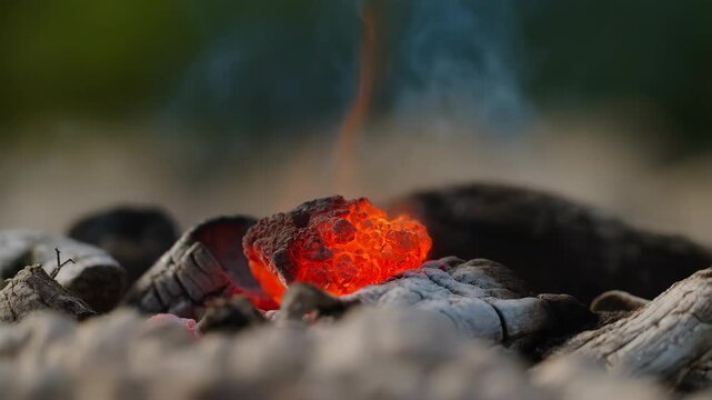 Flame coal ember with glowing orange center lying on textured ash and rock close-up featuring fire, burning, smoldering with ignition and hot