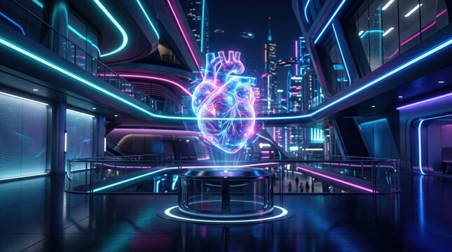 Human heart hologram glowing in a futuristic laboratory setting with blue and purple neon city lights