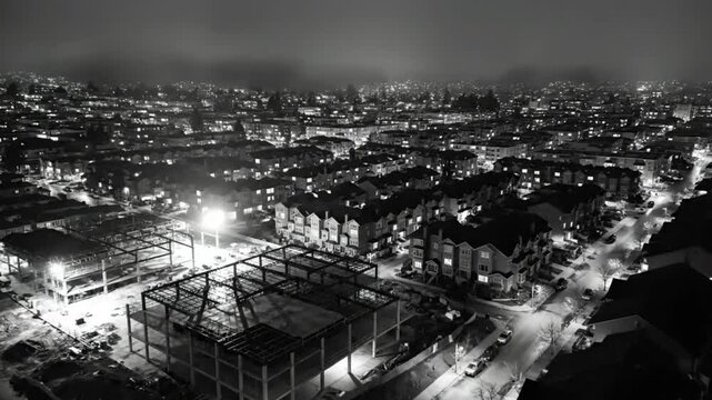 Aerial nighttime view of a suburban residential area with construction in monochrome