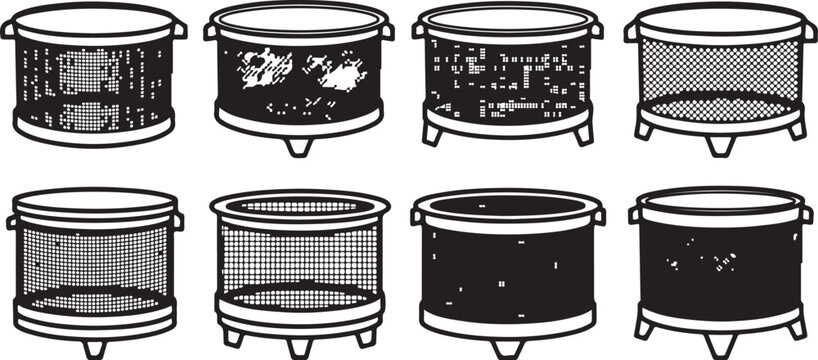 Collection of eight 3d rendering cylindrical containers with mesh texture Vector