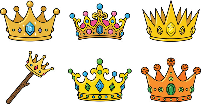 Golden Royal Crown and Scepter Vector Clipart Set Featuring Decorative King Queen Prince and Princess Tiaras with Colorful Jewels and Gems