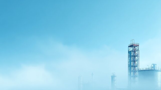 Industrial factory chimneys rise above dense morning fog under a clear blue sky, symbolizing modern manufacturing and environmental challenges. Urban industry blends with atmospheric conditions