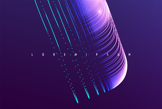 A multitude of dots form a blocky shape with color transitions and glow. Curved lines pulsate with electrical energy and movement. A capsule in cyberspace. Microphone in digital space. Vector.