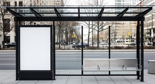 Empty city bus stop shelter with bench and billboard on sidewalk near urban road