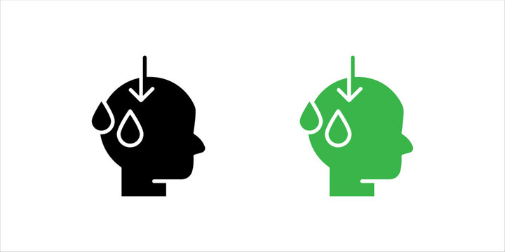 Solid black icon set. of a head with water drops and downward arrow symbolizing sweat absorption, cooling technology, moisture control, and breathable fabric concepts.