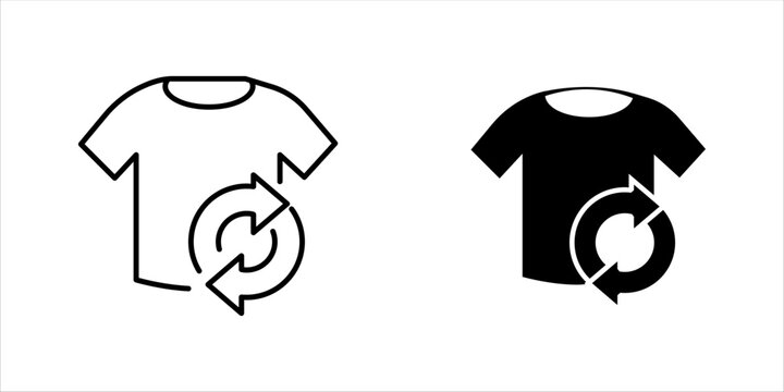 Solid black t-shirt icon set. with recycle arrows symbol representing sustainable fashion, clothing donation, textile recycling, and eco-friendly apparel concepts.