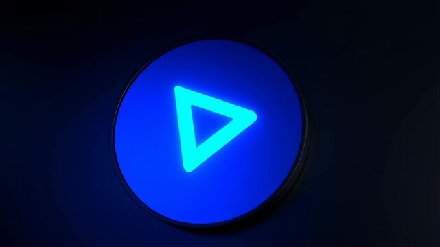 Play button glowing neon triangle icon on dark background, circular UI interface symbol for video control and streaming