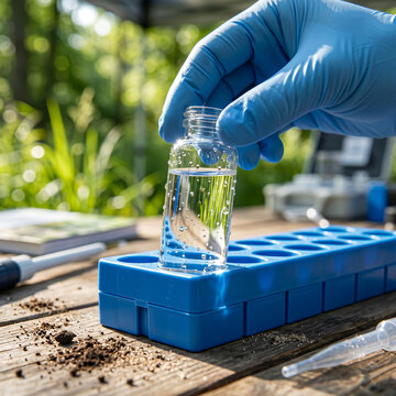 Gloved hand placing a water sample vial into a field testing rack outdoors
