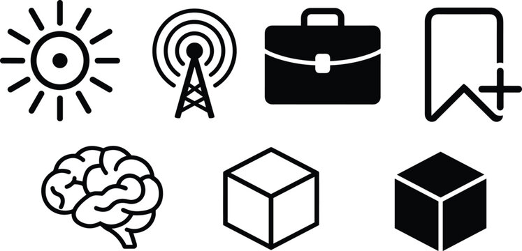 Black and white vector icon collection featuring sun, radio tower, briefcase, bookmark plus, brain, wireframe cube, and solid cube