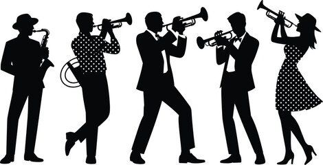 Jazz band musician silhouettes vector illustration featuring trumpet and saxophone players performing live concert music entertainment scenes © Kaiyum