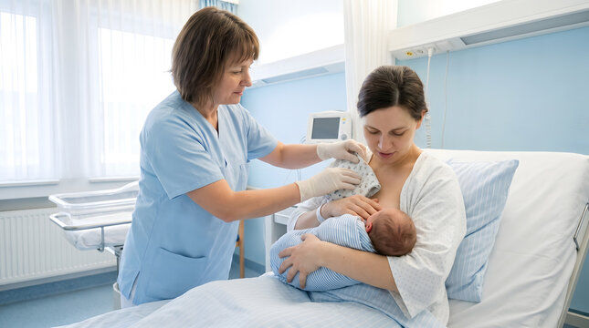 Nurse assisting mother breastfeeding newborn baby in hospital maternity ward room