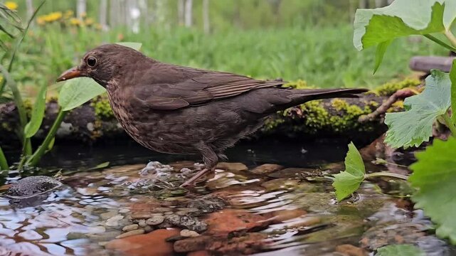 Turdus merula is a female blackbird in a natural pond