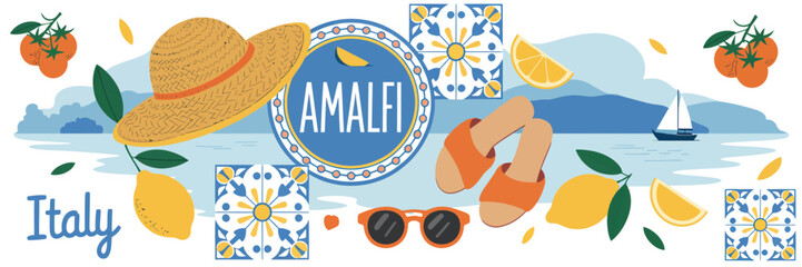 Amalfi, vector summer Mediterranean illustration of Italian coast with lemons tomatoes wicker bag tiles ceramics sandals sunglasses for postcard poster background. © Rashed 