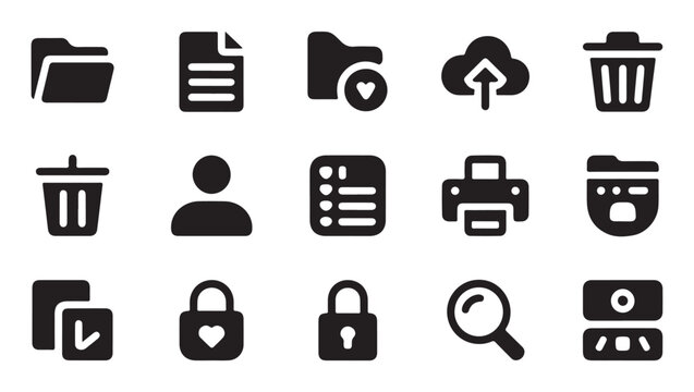 Minimalist system icons for user profile document management and recycle bin waste disposal.