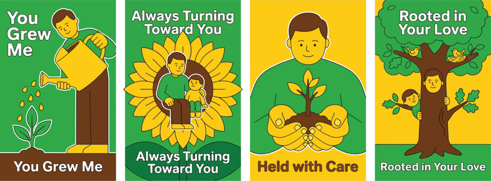 Nurturing growth and love, symbolized by people tending to plants and trees, representing care and development