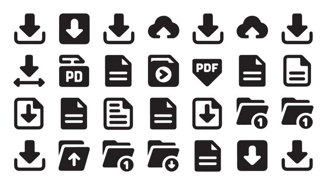 Download and file transfer icon collection with pdf document and cloud upload symbols set.