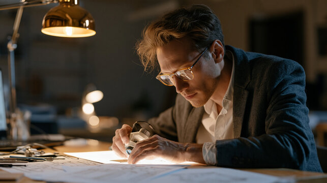 Microelectronics engineer leans over illuminated workbench examining neuromorphic computing chip under magnification loupe, solder tools and circuit diagrams arranged precisely, warm amber overhead 