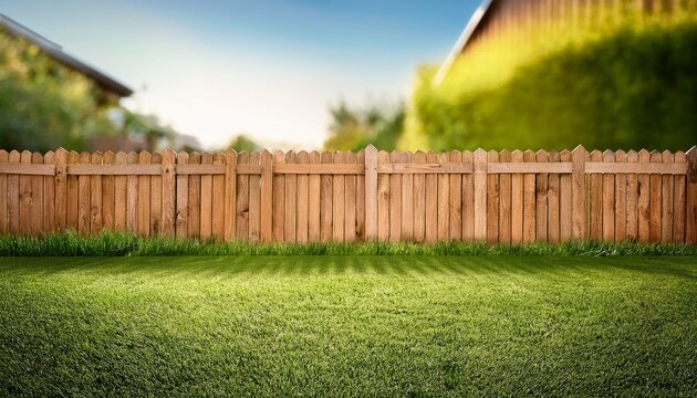 grass in backyard and wooden garden fence in summer