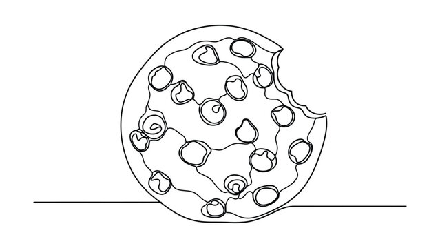 Continuous line drawing of a bitten chocolate chip cookie.