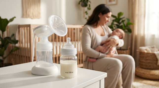 Breast pump machine with milk bottle on table near mother holding baby