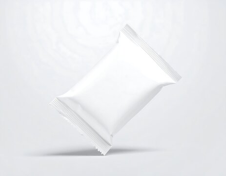 White blank flow pack wrapper on soft light background for snack packaging, food branding and product mockup concept