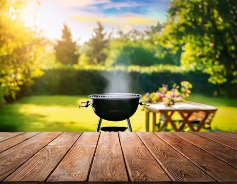 summer time in backyard garden with grill bbq wooden table blurred background