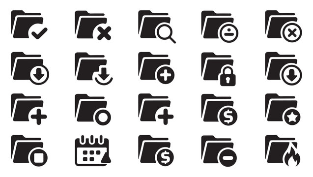 File and folder icon set in flat style in black on a transparent background.