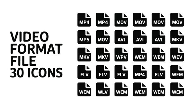 Video file format icons in black on a transparent background.