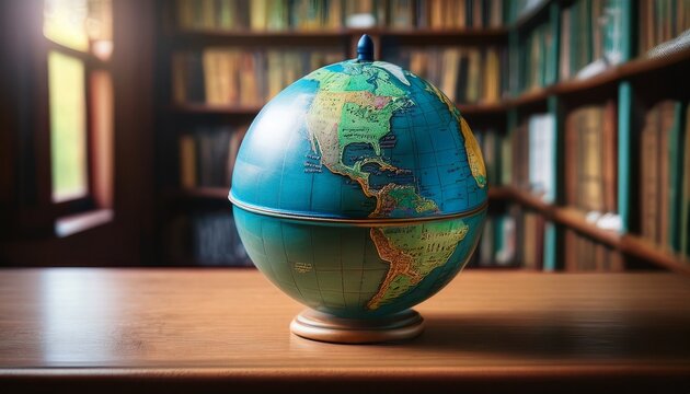 a blue and green realistic globe sits on a dark wooden desk with soft light and a blurry library background showing continents and oceans shadow study professional