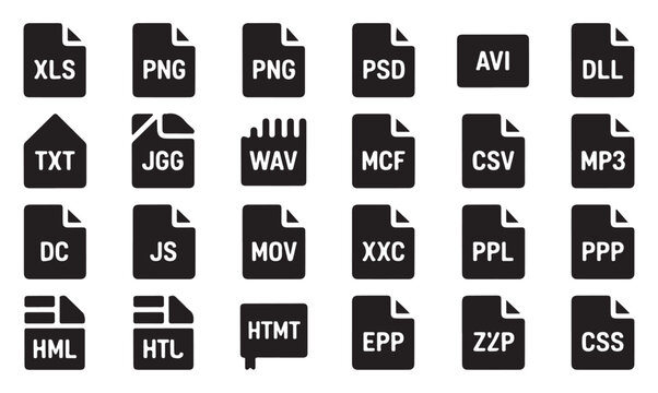 Diverse set of file format icons for various digital documents on transparent background.
