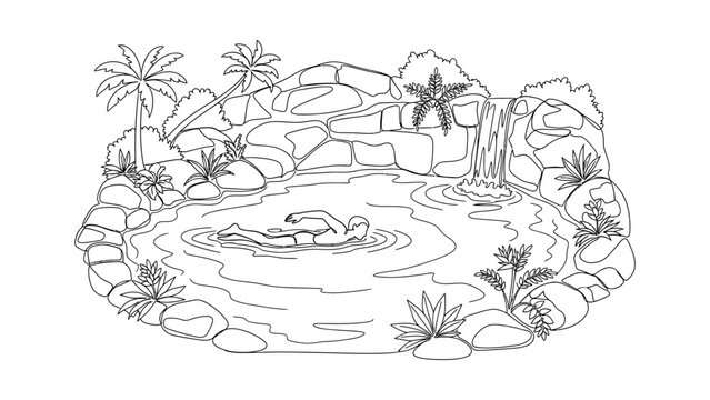 A man swimming in a natural pond with a waterfall.