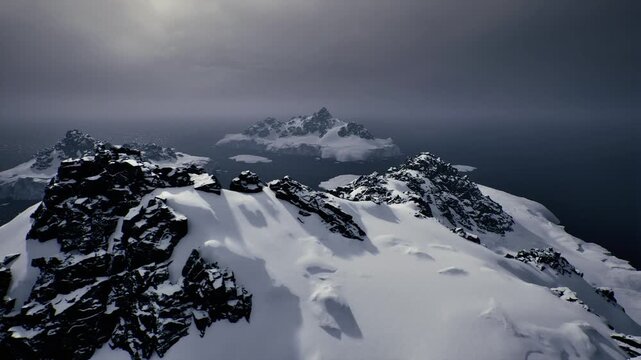 heavy cloud cover above snowy ridge, dim illumination, subtle snowfall, high contrast rock formations, distant ice island on horizon, mood for introspective