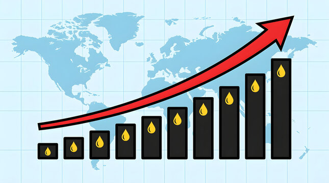 Global oil prices rising sharply, shown by bold red arrow