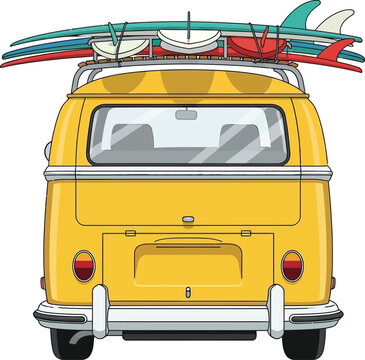 Vintage yellow volkswagen type 2 bus with surfboards on roof rear view isolated on transparent background