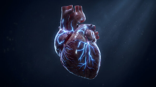 Human heart organ floating in dark space with glowing blue lightning effect