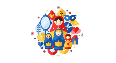 Fototapeta premium Modern Flat Vector Illustration of Russian Nesting Dolls Matryoshka and Folklore Symbols Isolated on White