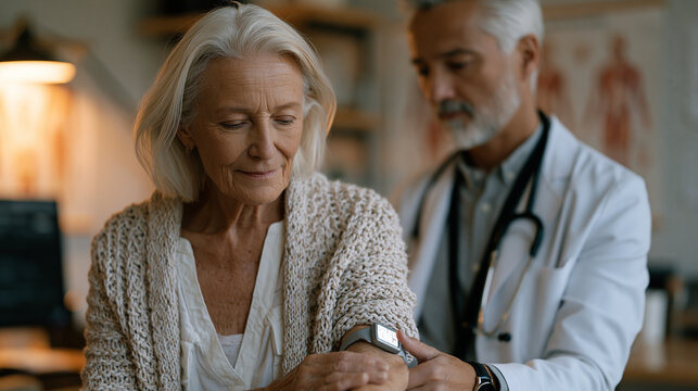 Elderly woman undergoes sensory substitution evaluation in university audiology clinic, specialist adjusting tactile feedback device on wrist, warm examination room light, anatomical charts on walls