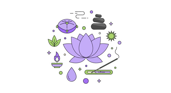 Zen and Meditation Concept Illustration with Lotus Flower, Yoga Icons, and Mindfulness Symbols - Minimalist Vector Design