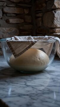 A risen wheat dough ball sits in a large glass mixing bowl, covered with a linen cloth, resting on a polished marble kitchen countertop against a stone wall.
