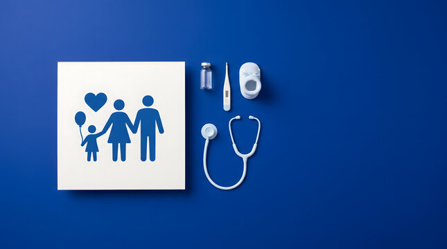 Family health care card with stethoscope thermometer vial and baby shoe