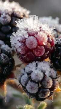 Vertical video: Shifting dawn light causing hoarfrost berry cluster catching glints on bramble bush