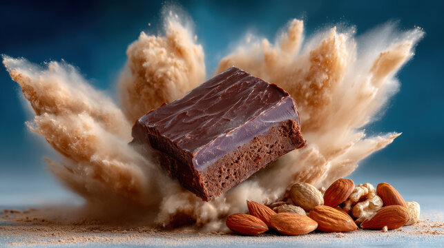 Chocolate brownie piece exploding into cocoa dust with almonds for food banner and product background in advertising layout