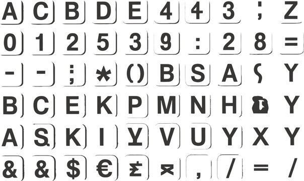 Alphabet, digits and various signs written on wooden blocks isolated on white background vector illustration set.