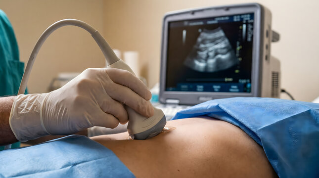 Medical professional applying ultrasound probe to patient abdomen with screen showing scan