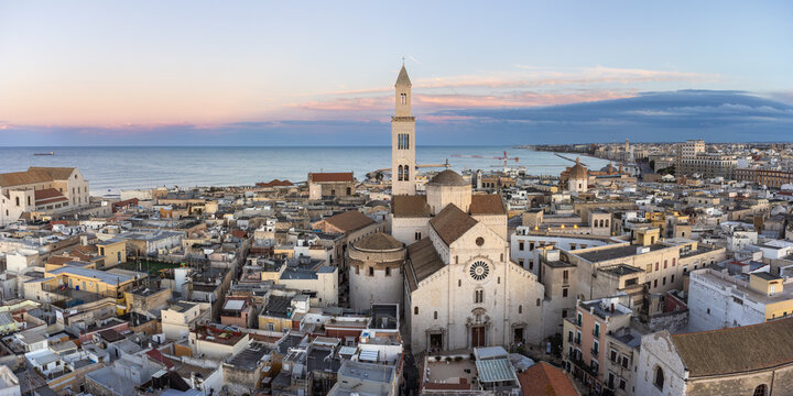 Bari, Italy Aerial View: Historic Old Town Cityscape With Basilica Di San Nicola And Adriatic Sea At Sunset