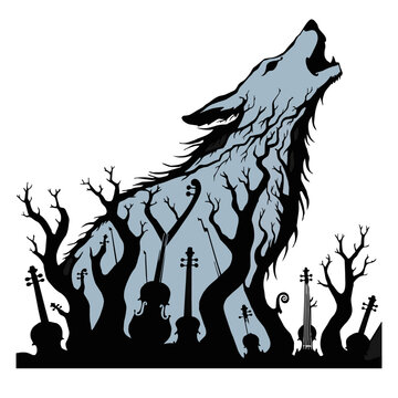 A wolf howls among bare trees and musical instruments