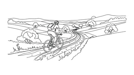 Fototapeta premium A black and white line art illustration of a person riding a bicycle along a rural road.
