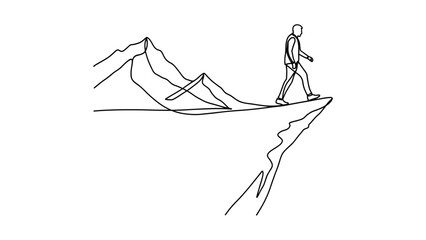 Fototapeta premium Continuous line art of a man walking on a mountain edge.
