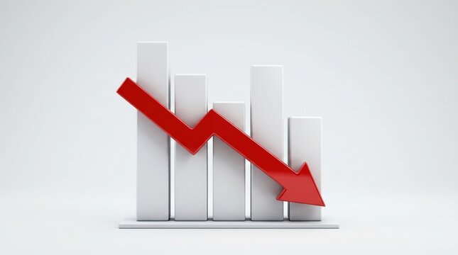 Business bar chart with red downward trend arrow showing economic loss and financial decline on clean white background 3d render illustration of market crash symbol.