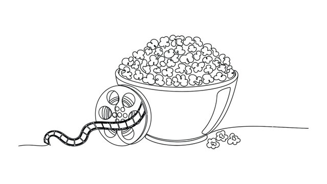 Continuous one line drawing of a bowl of popcorn and a film reel.